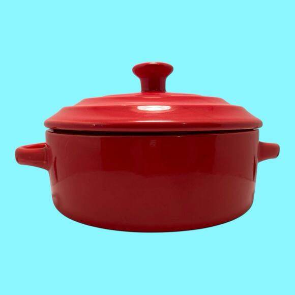 Small Round Red Ceramic Mini Casserole Ramekin 5” Diameter Bowl Lid Handles - Picture 1 of 15